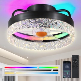 BYKISTOK 13in Flush Mount Ceiling Fan with RGB Light - Small Bladeless Ceiling Fan Light with Reversible Mute Motor, LED Dimmable, Low Profile Enclosed Ceiling Fans for Modern Indoor