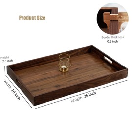 MAGIGO 26 x 16 Inches Extra Large Rectangle Black Walnut Wood Ottoman Tray with Handles, Serve Tea, Coffee or Breakfast in Bed, Classic Wooden Decorative Serving Tray