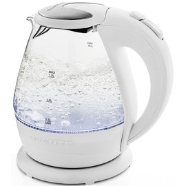 OVENTE 1.5L Glass Electric Kettle with Blue LED Light, 1100W Lighted Countertop Water Heater and Boiler for Coffee or Tea, Auto Shut-Off, Boil Dry Protection and Stainless Steel Lid, White KG845W