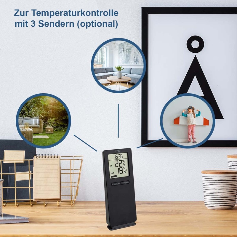 TFA Dostmann Logoneo Thermometer Indoor/Outdoor 30.3071.01, with Outdoor Transmitter, Optionally