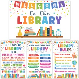 Lalunia 4 Pcs Library Rules Poster (11"x16") - Classroom Library Decorations for Librarian, Media Room, Back to School Educational Posters, Library Bulletin Board Sets, Reading Corner Decor