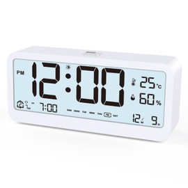 Reloj Despertador,Reloj Despertador Digital con Luz Nocturna,12/24 Horas,Alarma,Doble,Repetición,Cronometraje, Fecha,Día de Semana,Humedad&Temperatura,Reloj Digital Escritorio Dormitorio(Blanco)