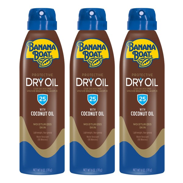 Banana Boat Dry Oil, Reef Friendly, Clear Sunscreen Spray with Coconut Oil, SPF 25, 6oz. - Pack of 3
