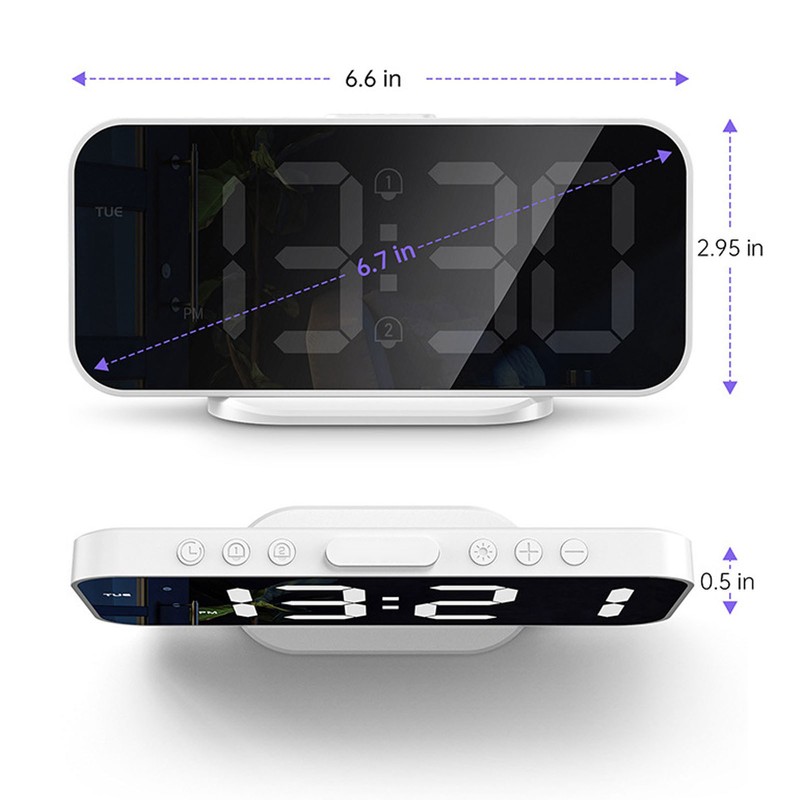 LED Mirror Electronic Clock Adjustable Brightness 6.7 Inch HD Digital