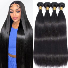 Human Hair Bundles,Straight 4 Bundles 18 20 22 24 Inch,16A Bundles Human Hair,100% Unprocessed Virgin Brazilian Hair Extensions Double Weft, Quick Weave Sew In Hair Bundle