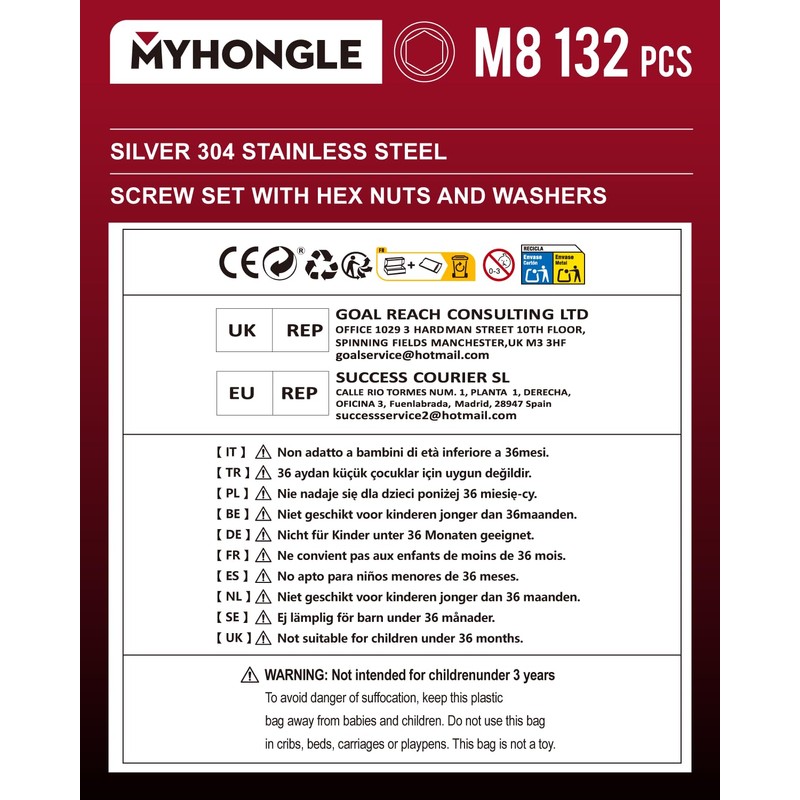 132 Piece M8 Screws Set, Stainless Steel Cylinder Screws with