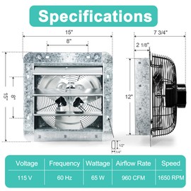 Hipoilk 12 Inch Shutter Exhaust Fan with Thermostat and Speed Controller, Wall Mounted Vent Fan for Attic, Greenhouse, Shed, Garage, Chicken Coop, Shop Ventilation, 960 CFM, 1400 SQF Coverage Area
