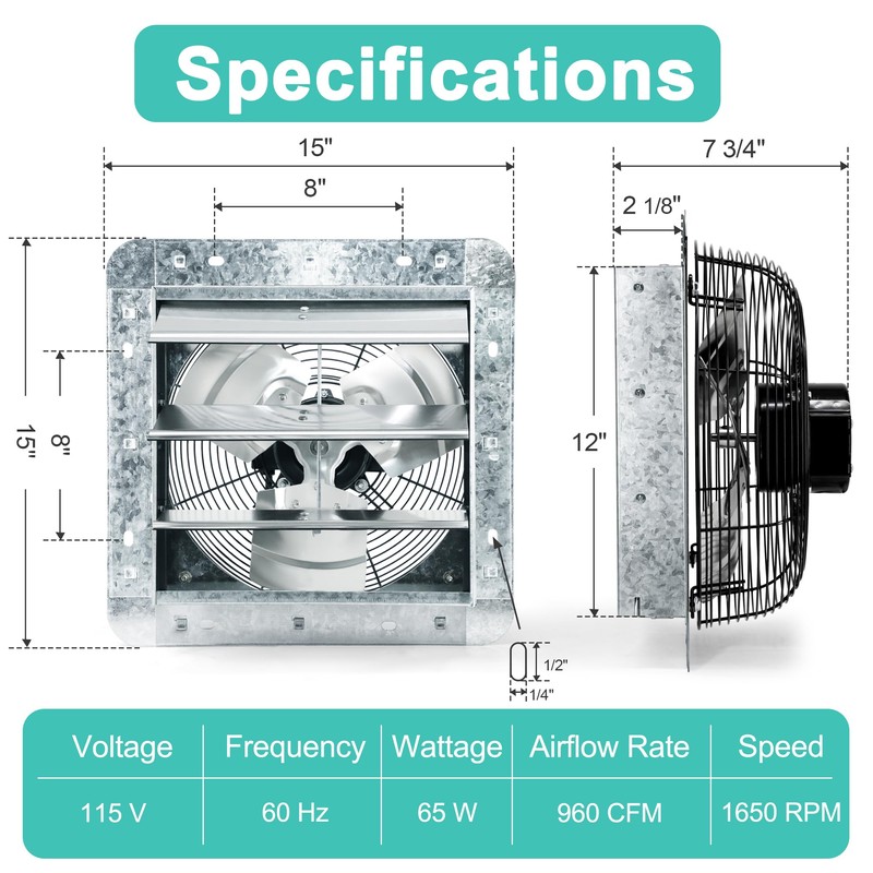 Hipoilk 12 Inch Shutter Exhaust Fan with Thermostat and Speed