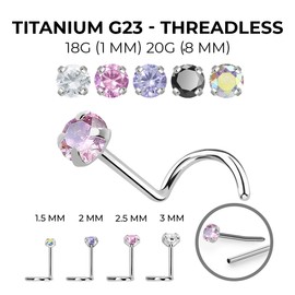 Luxe Modz 2.5mm CZ Pink Nose Studs Cork Screw Nose Stud Ring 18G Titanium Corkscrew Nose Rings Studs Piercing Jewerly