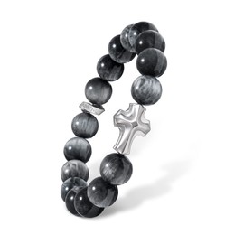 AWNL Men's Hawk Eye Beaded Bracelet Premium Sterling Silver Cross Charm Natural Gemstones (10mm) Elastic Cord Bracelet for Men, 6.7"-7.1"