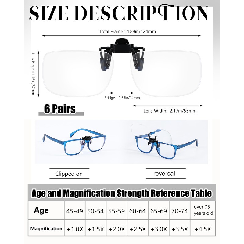 Copkim 6 Pairs Clip on Reading Glasses Flip up Magnifying