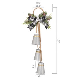 Emadgift Faux Galvanized Christmas Jingle Bells Door Hanger-Door Bell Knob Hanger with Pine Cone,Pine Needle,Plaid Bow, Berries,Home Décor,Holiday Tree/Wreath/Door/Wall/Window Hanging Ornament for DIY