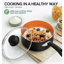 MICHELANGELO Nonstick Sauce Pan with Lid 1QT, 2QT & 3QT, Ceramic Saucepan Set, Copper Sauce pans, Non-Toxic Saucepan, Multipurpose Cooking Pots Set For Home Kitchen, Compatible induction