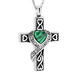 Hearbeingt Cremation Jewelry Urn Necklaces for Ashes, Retro Crystal Cross Memorial Pendant Made of 316L Stainless Steel with Heart Shape Turquoise.