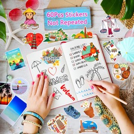 Skeudzne Vietnam Stickers, 60pcs Funny Vietnam Themed Travel Stickers Pack Vinyl Cartoon Graffiti Water Bottles Stickers for Kids Teens Boys Girls Adults Guitar Journal Laptop Scrapbook Decals