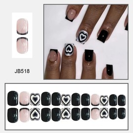 Black French Tip Press on Nails Short Square Fake Nails with Black & White Heart Design Valentine’s Day False Nails Acrylic Nails Full Cover Glossy Reusable for Women Girls Daily Wear Manicure 24Pcs