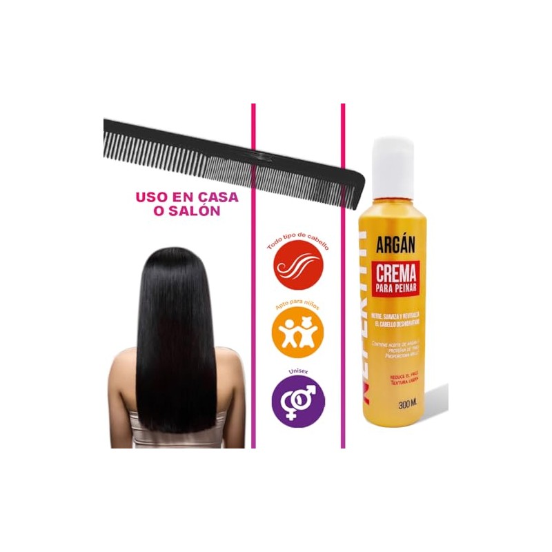 Crema para Peinar Hidratante con Aceite de Argán, Controla Frizz,