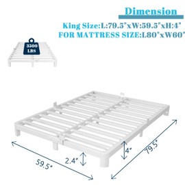KOSOSO Queen Bed Frame 4 Inch White, Metal Bed Frame Queen Size with Baffles, No Box Spring Needed, Heavy Duty Steel Platform Support, Rounded Corner Design, Noise Free, Easy Assembly