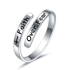 925 Sterling Silver Inspirational Ring - Faith Over Fear Adjustable Cross Rings For Women Girls, S925, No Gemstone
