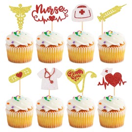 Keaziu Paquete de 32 decoraciones para magdalenas de enfermera, graduación, magdalenas, con temática médica, electrocardiograma, cofre de medicina, palillos para tartas, suministros de decoración para fiestas temáticas de enfermería