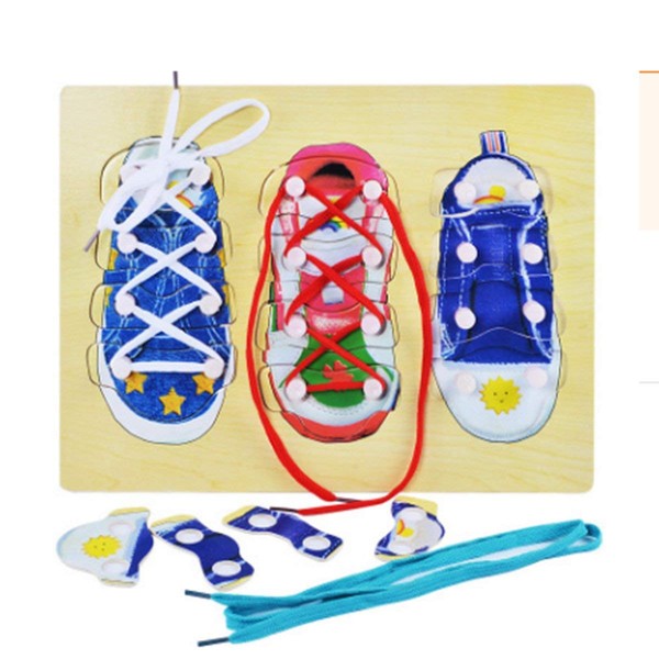 Jzhen Shoelaces Toy Wooden Shoe Puzzle Threading Shoe Threading Game