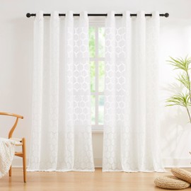 White Lace Sheer Curtains 90 Inches Long with Embroidery Geometric Pattern Window Drapes for Living Room Bedroom Elegant Knitted Lace Sheer Panels Light Filtering Curtains for Girls Room, 2 Panels