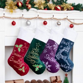 Set of 2 New Velvet Large Christmas Stocking Letter Boot Embroidered Handmade Vintage Traditional Holiday Hanging Ornament Fireplace for Christmas Decorations Xmas Stocking 2 Pack