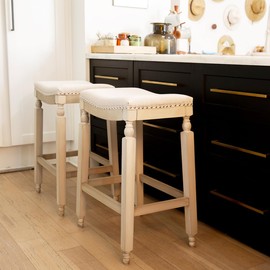 Barton Set of 2 Bar Stools Beige 28.5" Saddle Backless Premium Padded Indoor/Outdoor Nailhead Cushion Kitchen Counter Chairs Pub Seat Foot Rest