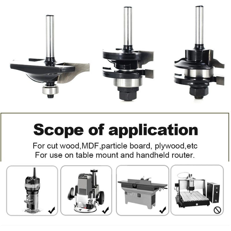 3PCS Cabinet Door Router Bit Set 1/4 Shank, Raised Panel
