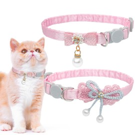 2PCS Pink Cat Collar,Cute Cat Collar with Bow Pearl,Adjustable Cute Safety Lace Bow Beads Collar, 8-10.5 inch, for Cats and Small Dogs