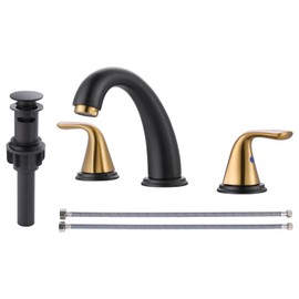 Aleasha Bathroom Sink Faucet 3 Holes Black Gold, Widespread Bathroom Faucet, Washroom Faucets with Pop Up Drain, Washroom Sink Faucets with 304 Stainless Steel Lead-Free Hose