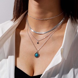 Sttiafay Multiayer Turquoise Necklace Chain Layered Silver Leaf Pendant Y Necklace Boho Beads Choker Jewellery for Women and Girls, Metal, Turquoise