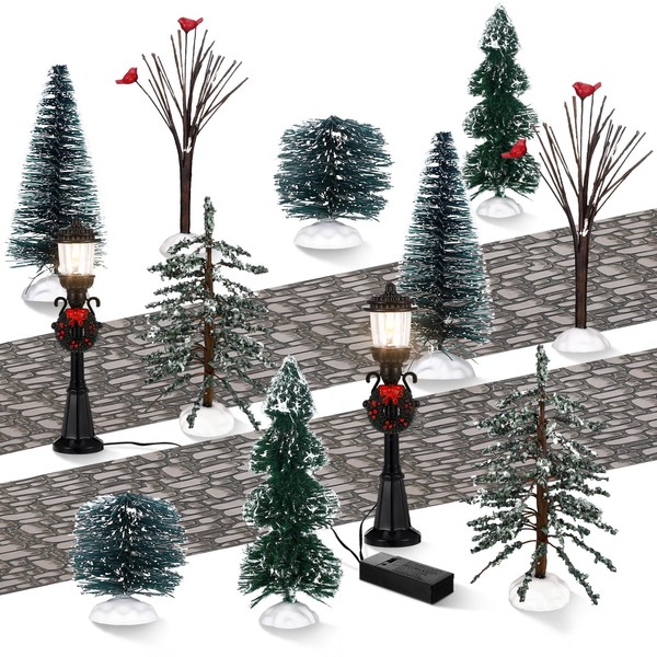 14 Pcs Christmas Accessories Village Figurine Miniature Pine Trees Snow