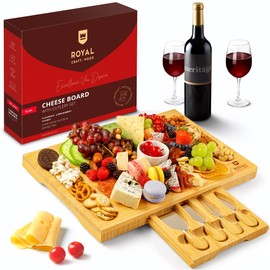 Unique Bamboo Cheese Board, Charcuterie Platter & Serving Tray Including 4 Stainless Steel Knife & Thick Wooden Server - Fancy House Warming Gift & Perfect Choice for Gourmets (Bamboo)