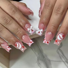 Valentines Day Press on Nails Medium Square Pink French Tip Fake Nails with Glue Bow Pearl Charms Design Lip False Nails Red Love Heart Glue on Nails Valentine Artificial Stick on Nails for Women Girl