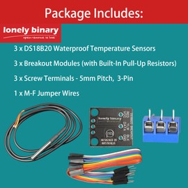 Lonely Binary 3-Pack DS18B20 Waterproof Temperature Sensors with Breakout Boards – 1M Stainless Steel Probe, Built-in Resistors for Arduino, ESP32, Raspberry Pi, HVAC, Brewing & Monitoring