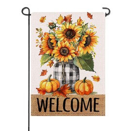 Artofy Welcome Fall Sunflower Small Decorative Garden Flag, Autumn Flower Buffalo Plaid Mason Jar Pumpkin Yard Lawn Outside Decor, Farmhouse Floral Burlap Outdoor Home Decoration Double Sided 12 x 18