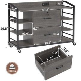 SEDETA 44" File Cabinet, Filing Cabinet fits Legal/Letter Size, 2 Drawer File Cabinets for Home Office with Lock, Power Strip, 6 Storage Shelves, Grey