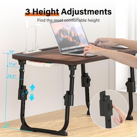 DECOSIS Laptop Desk for Bed Height Adjustable, Lap Bed Table with USB/Storage Drawer/Cup Holder/Tablet Stand/Book Shelf, Foldable Breakfast Tray Portable for Reading Writing, Sofa & Floor, Walnut