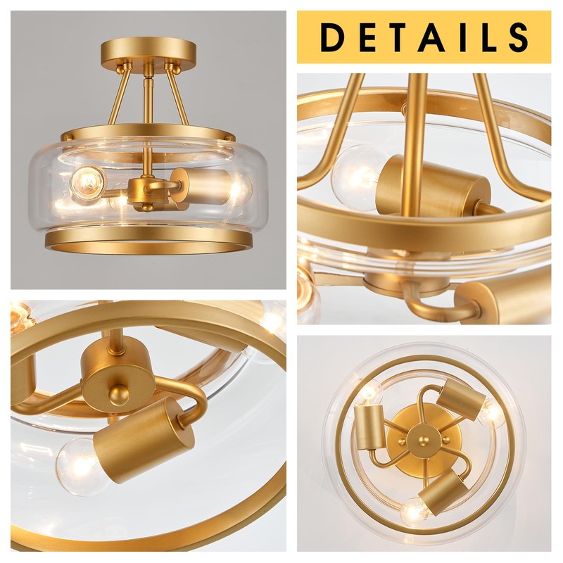 MERCASA Modern Gold Semi Flush Mount Ceiling Light,3-Lights Gold Glass