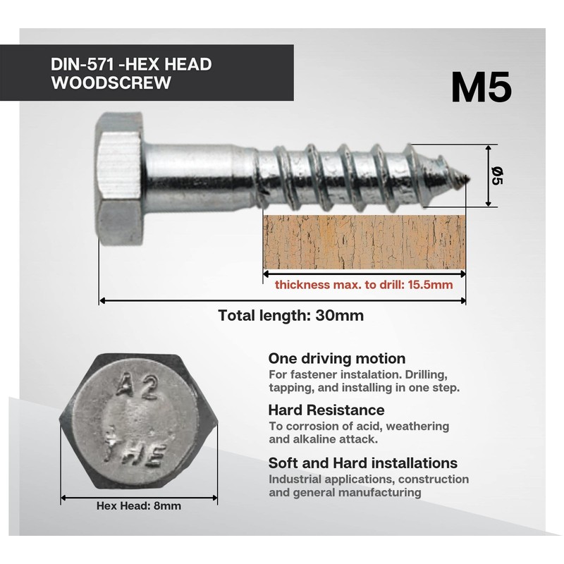 DOJA Barcelona Hexagon Wood Screws Assorted Screws Pack 50-5 x