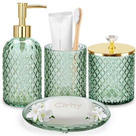 Green Bathroom Accessories 4Pcs of Glass Bathroom Counter Organizer Set,Toothbrush Holders, Soap Dispenser, Apothecary Jar, Vanity Tray, Bathroom Decor Gifts