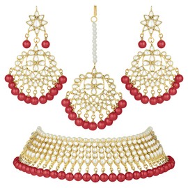 Aheli Wedding Wear Kundan Beaded Choker Necklace Set with Maang Tikka Indian Jewelry for Women Girls (Red)
