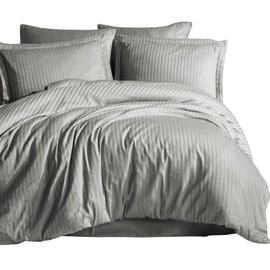 Hafaa Single Duvet Cover Set Hotel Quality Stripes Satin Bedding Set with Pillowcase Soft Microfiber Duvet Covers (Grey 135x200 Cm)