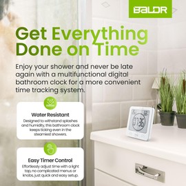 BALDR Waterproof Alarm Clock with Timer for Bathroom Shower - Wall Mounted LCD Clock Displays Time, Temperature & Indoor Relative Humidity