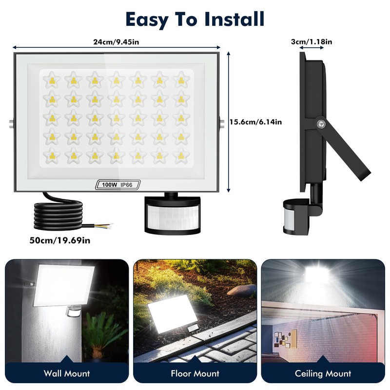 Dibaful 100 W LED Spotlight with Motion Sensor Light Sensor