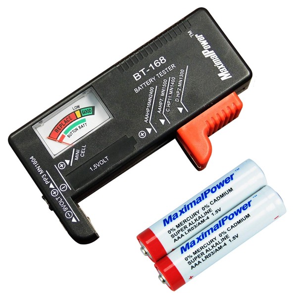 MaximalPower™ AAA 140 Minutes Alkaline Batteries + Universal Battery Tester for AA AAA C D 9V Batteries (2 Batteries + Battery Tester)