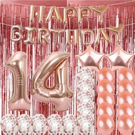 Sweet 14th Birthday Decorations Party Supplies,Rose Gold Number 14 Balloons,14th Mylar Balloons Rose Gold Foil Fringe Curtains Photo Backdrop Great 14th Birthday Gifts for Girls,Women,Men,Photo Props