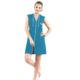 Brighton Robes Womens Turkish Terry Cotton Zipper Front with Hood Sleeveless Robe Dress Beach Dress (Medium, Teal)