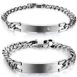 JewelryWe jewellery, stainless steel, partner bracelet with engraving, polished curb chain bracelet, couples bangle for men and women, silver., Stainless Steel